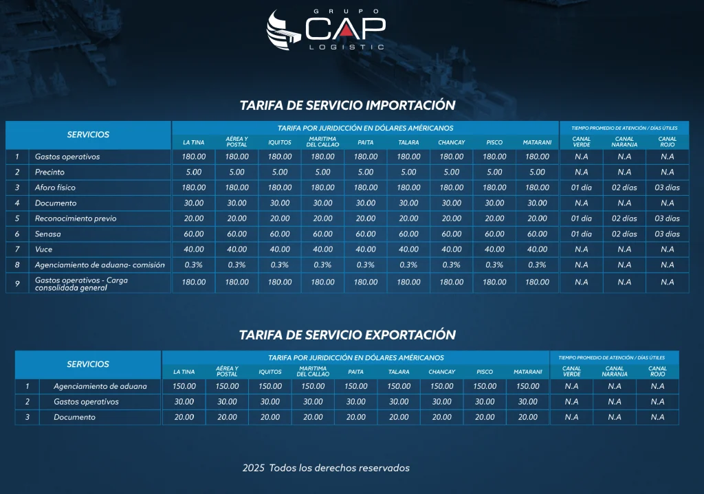 Tarifario de Aduanas en Perú, importación, exportación, carga internacional, flete